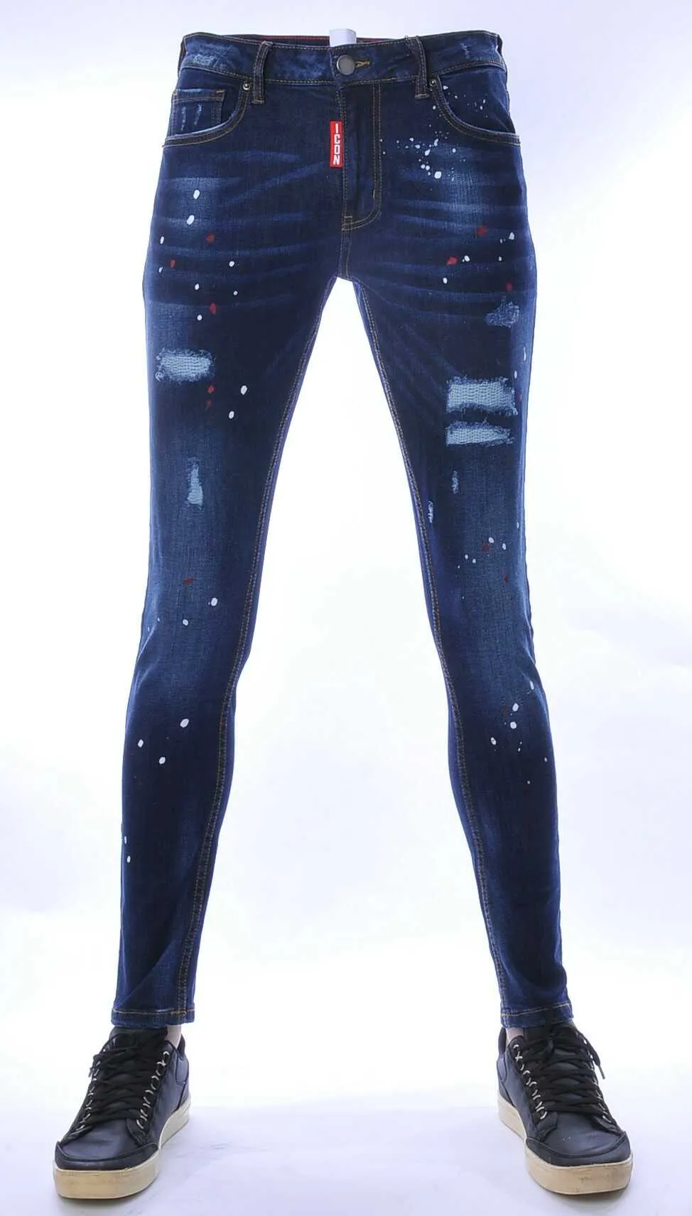 ICON hippie gescheurde slim fit stretch heren jeans met verfspatten Blauw 